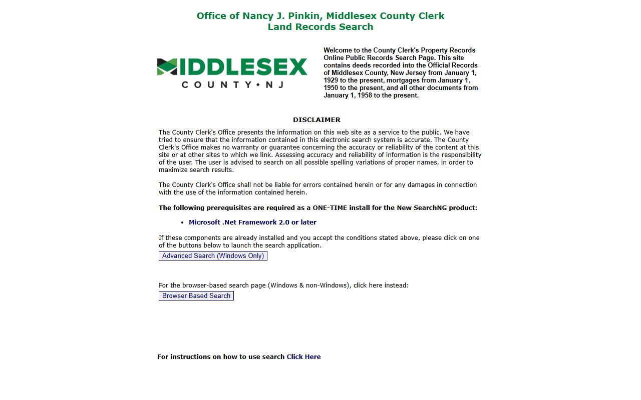 Middlesex County Clerk land records public search launch page for property records