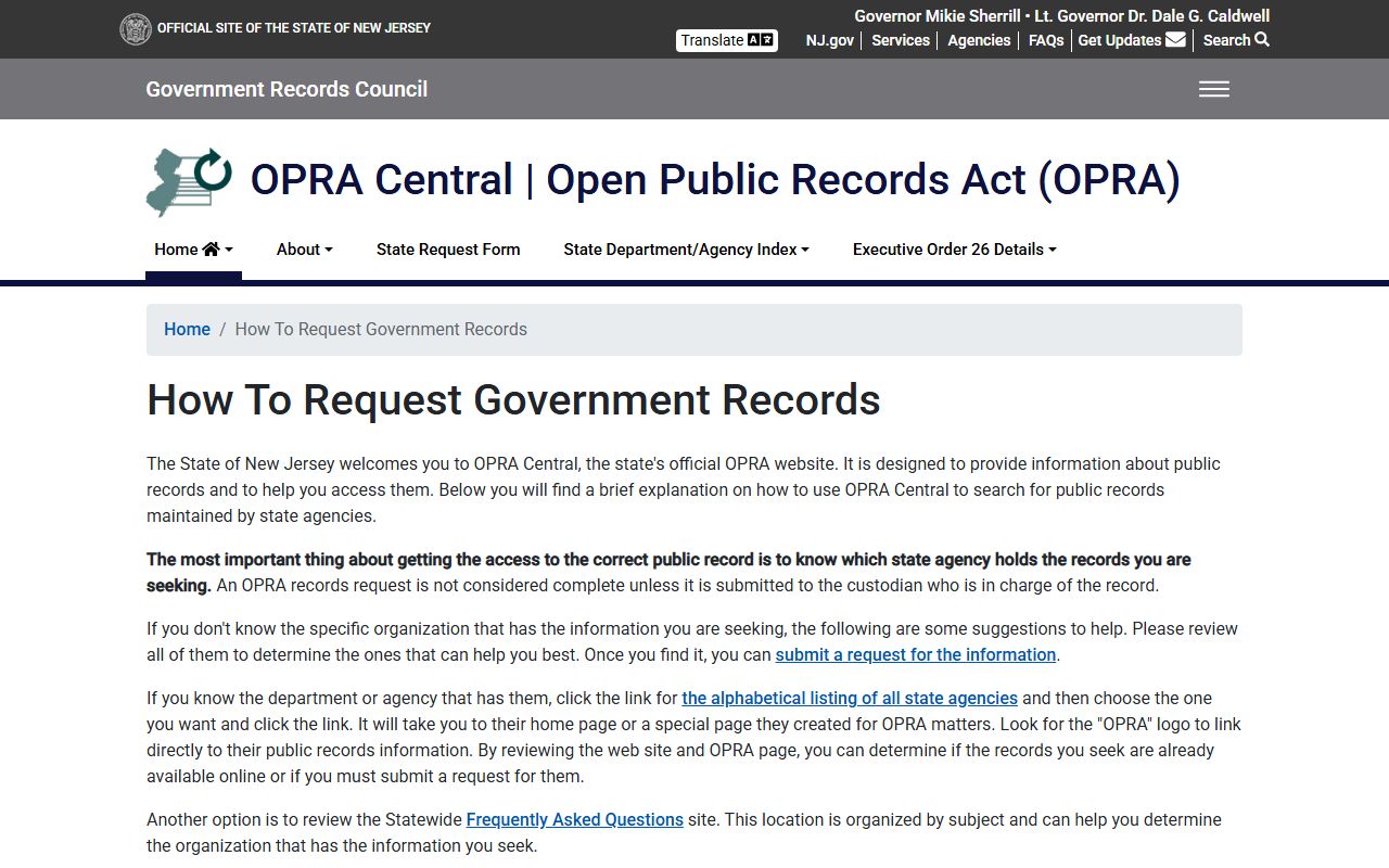 State OPRA guidance on identifying the correct custodian for Middlesex County records requests