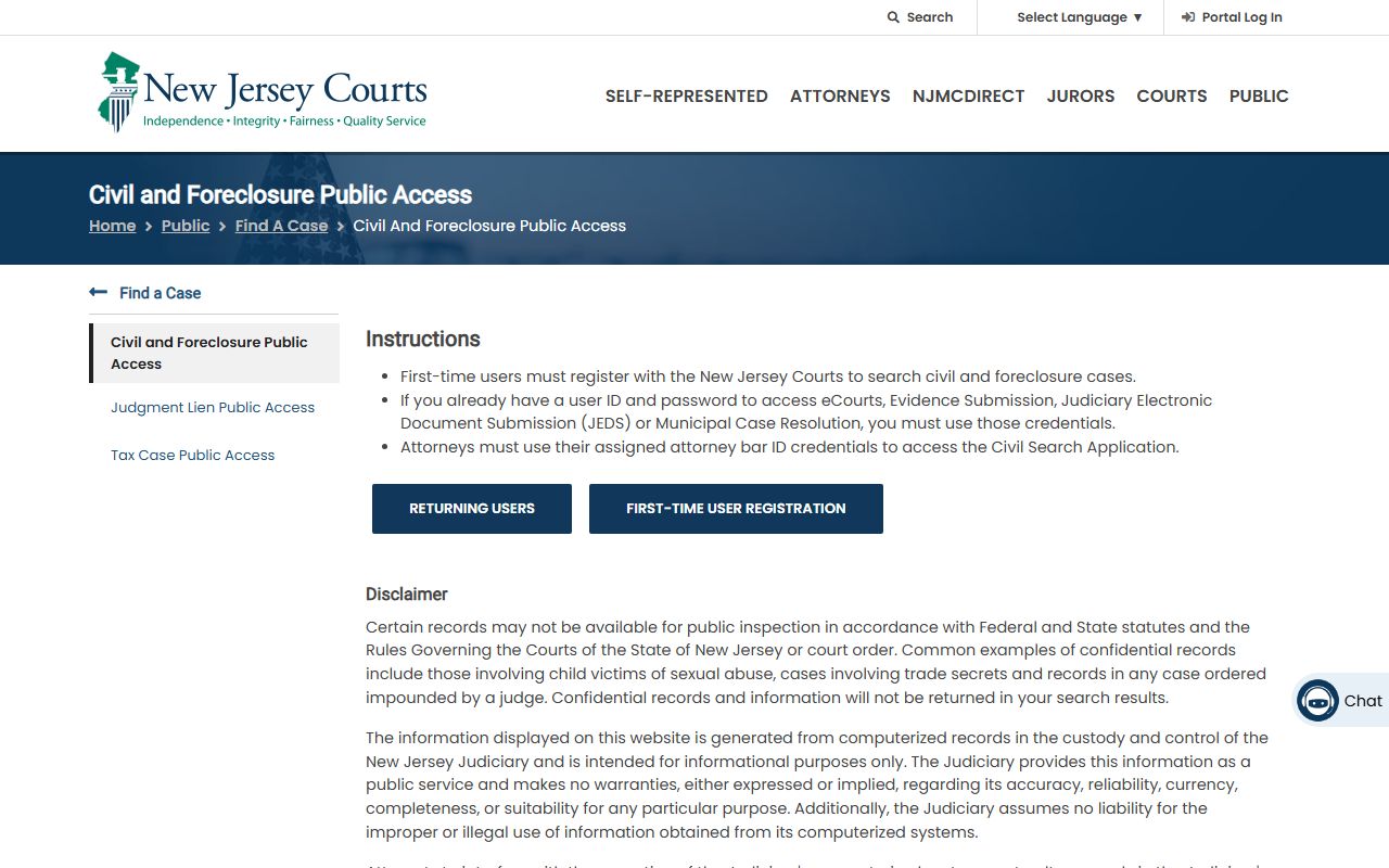 NJ Judiciary civil and foreclosure public access page for Middlesex County court records search