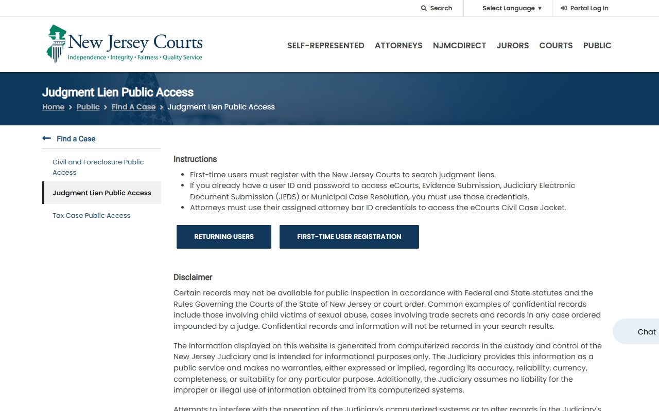 NJ Judiciary judgment lien public access page for Middlesex County court records