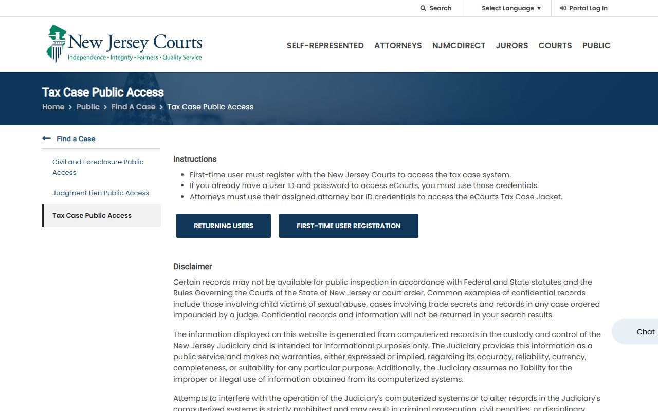 NJ Judiciary Tax Court public access page for Middlesex County tax records