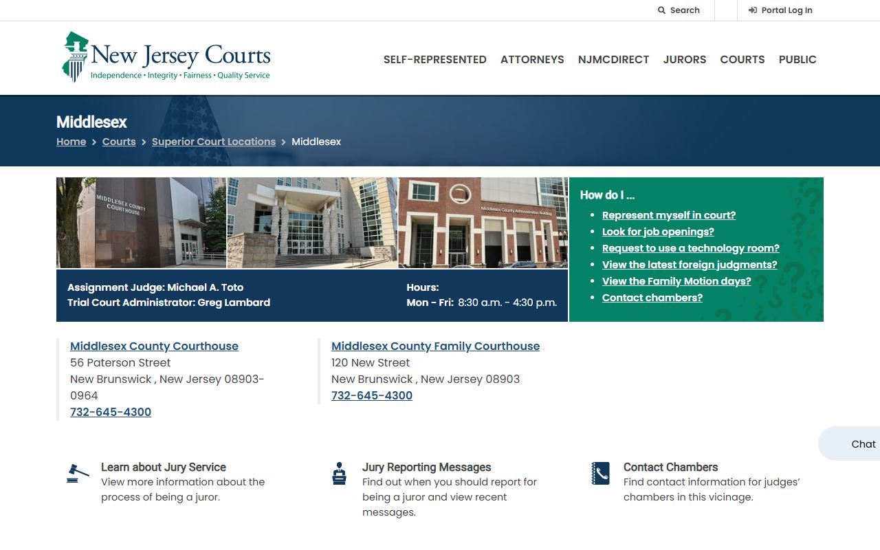 Middlesex County Superior Court vicinage page with courthouse addresses and court records contacts