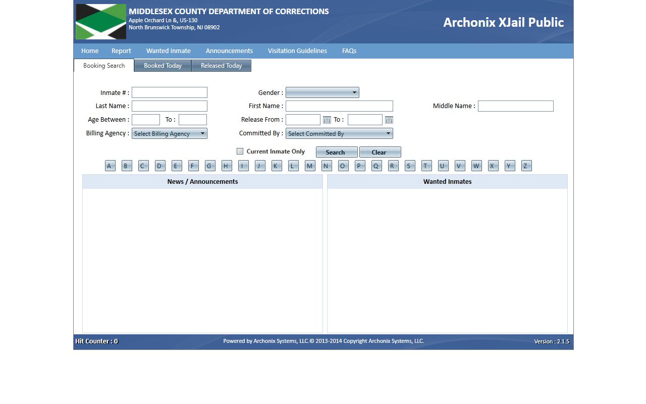 Archonix XJail public inmate search portal for the Middlesex County jail roster and inmate records
