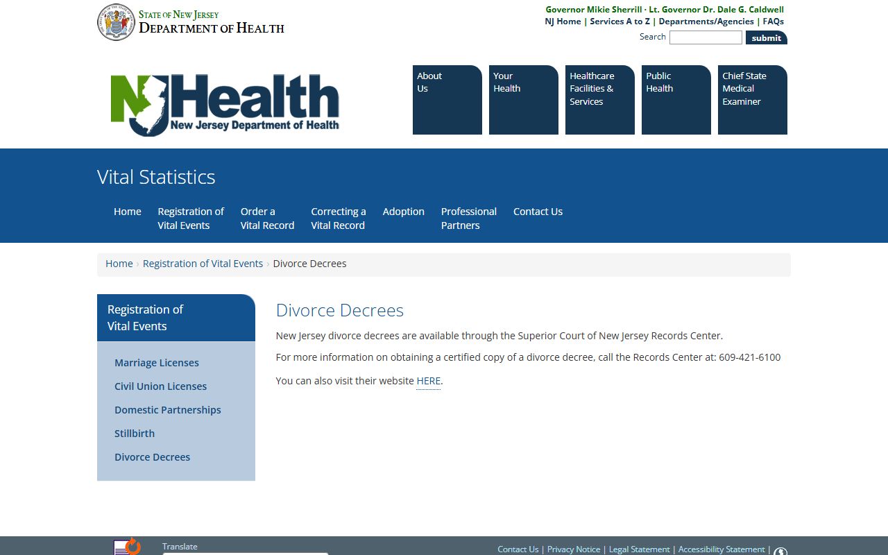 NJ Department of Health divorce decree guidance page for Middlesex County divorce records