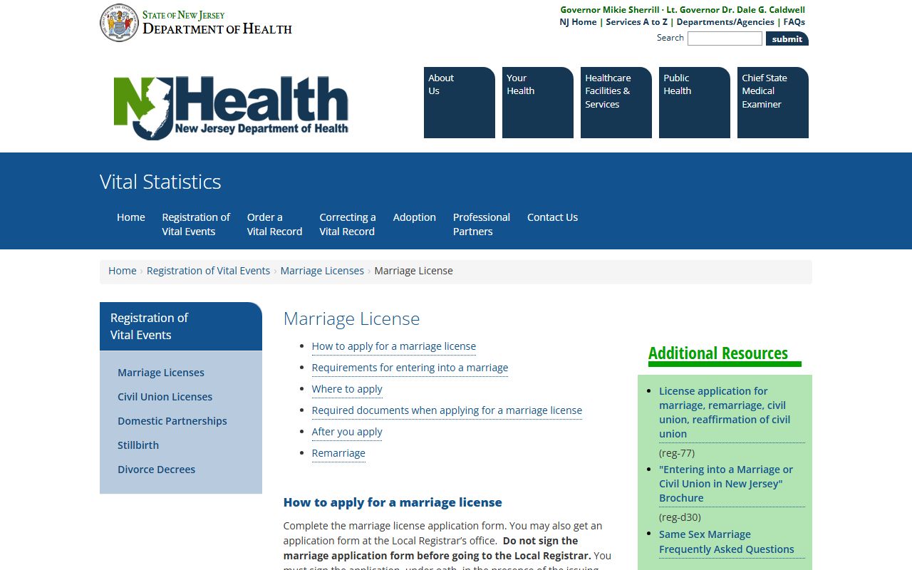 NJ Department of Health marriage license procedure page for Middlesex County marriage records