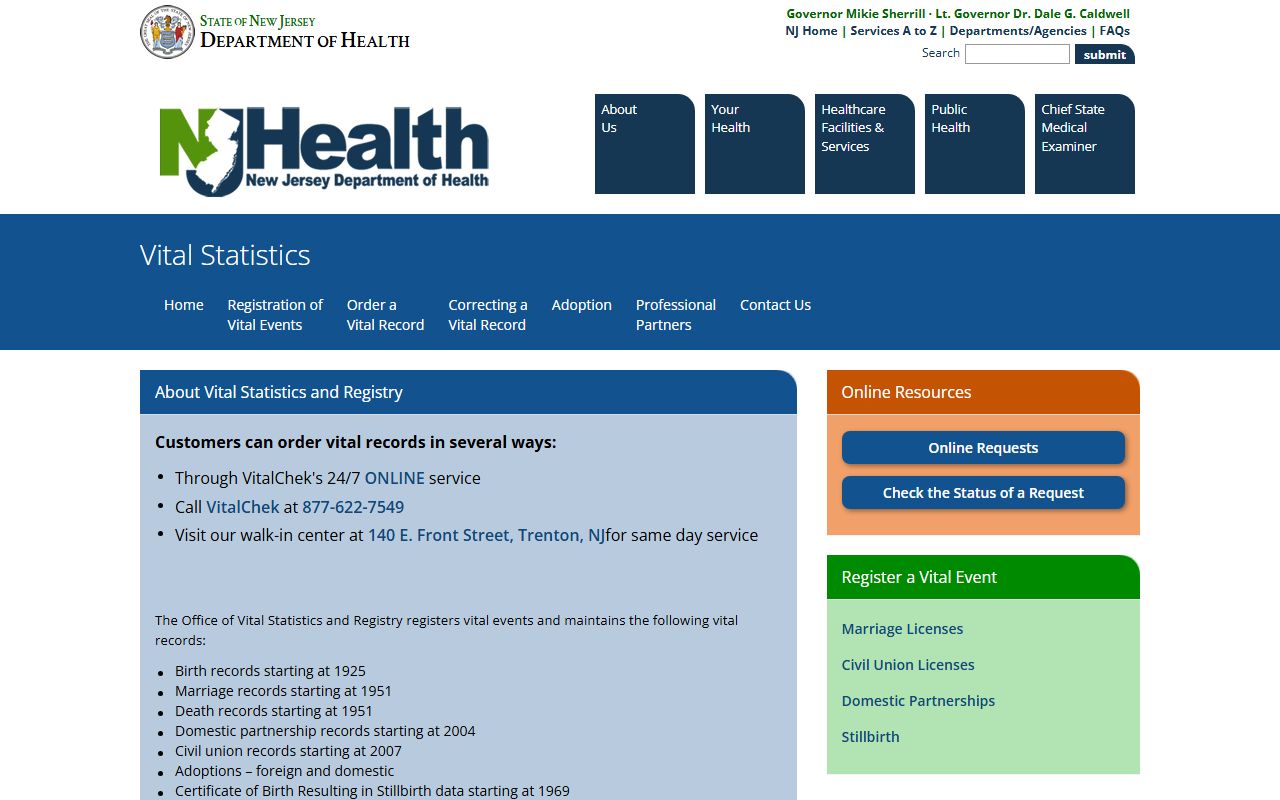 NJ Department of Health Vital Statistics landing page for Middlesex County marriage records
