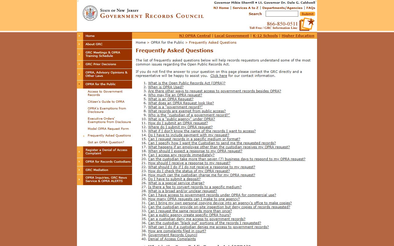 Government Records Council OPRA FAQ page for Middlesex County public records requests