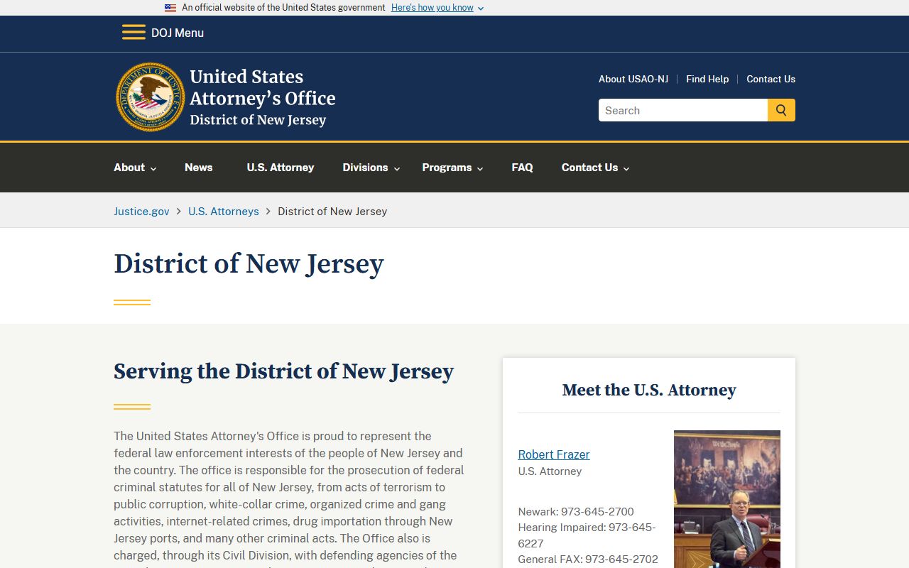 U.S. Attorney's Office District of New Jersey page for federal public records related to Middlesex County