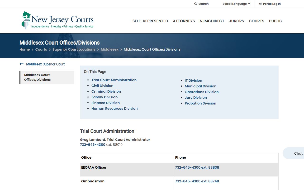Middlesex court offices and divisions page listing municipal and other court records contacts