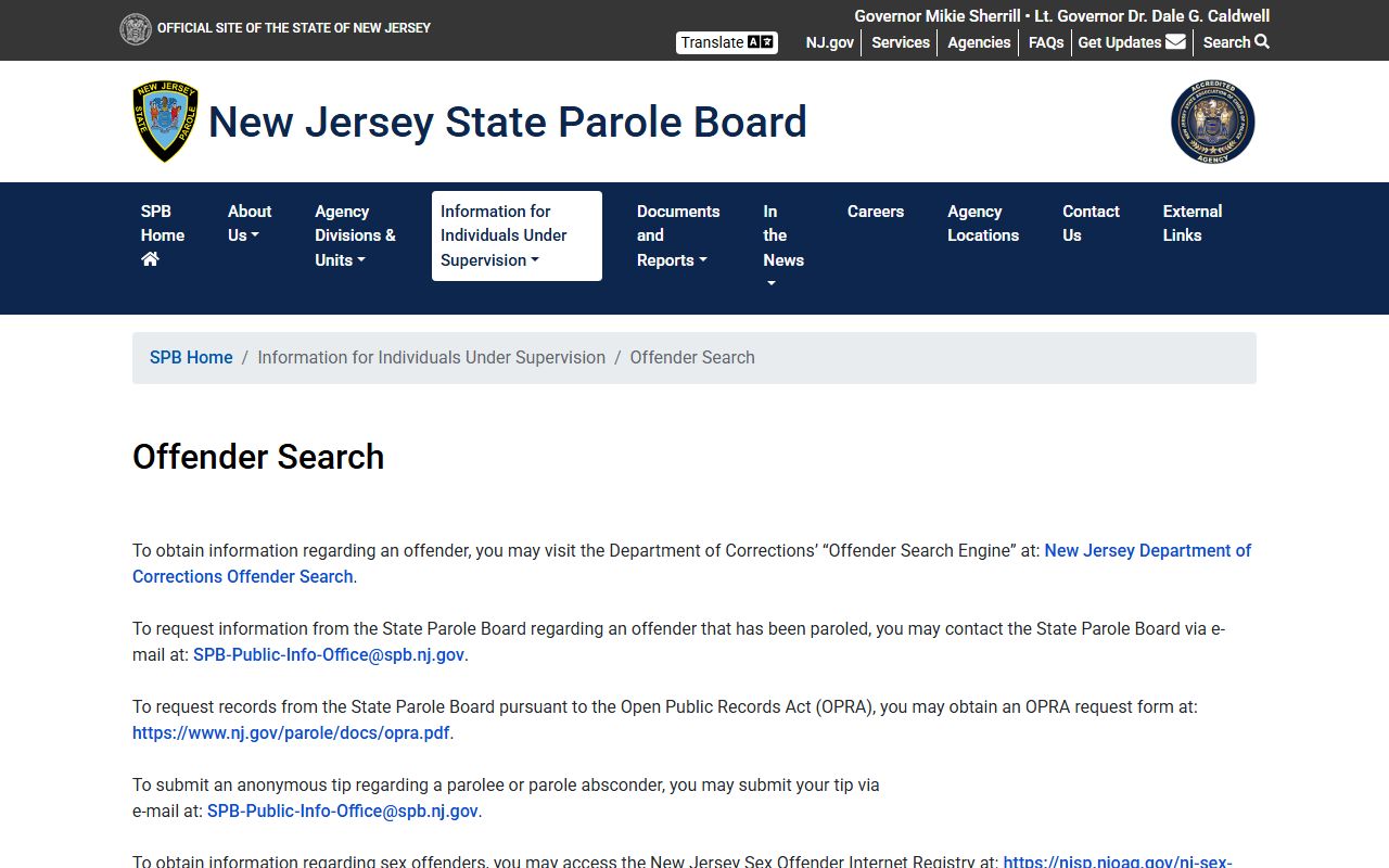 New Jersey State Parole Board offender search page used with Middlesex County warrant and custody records